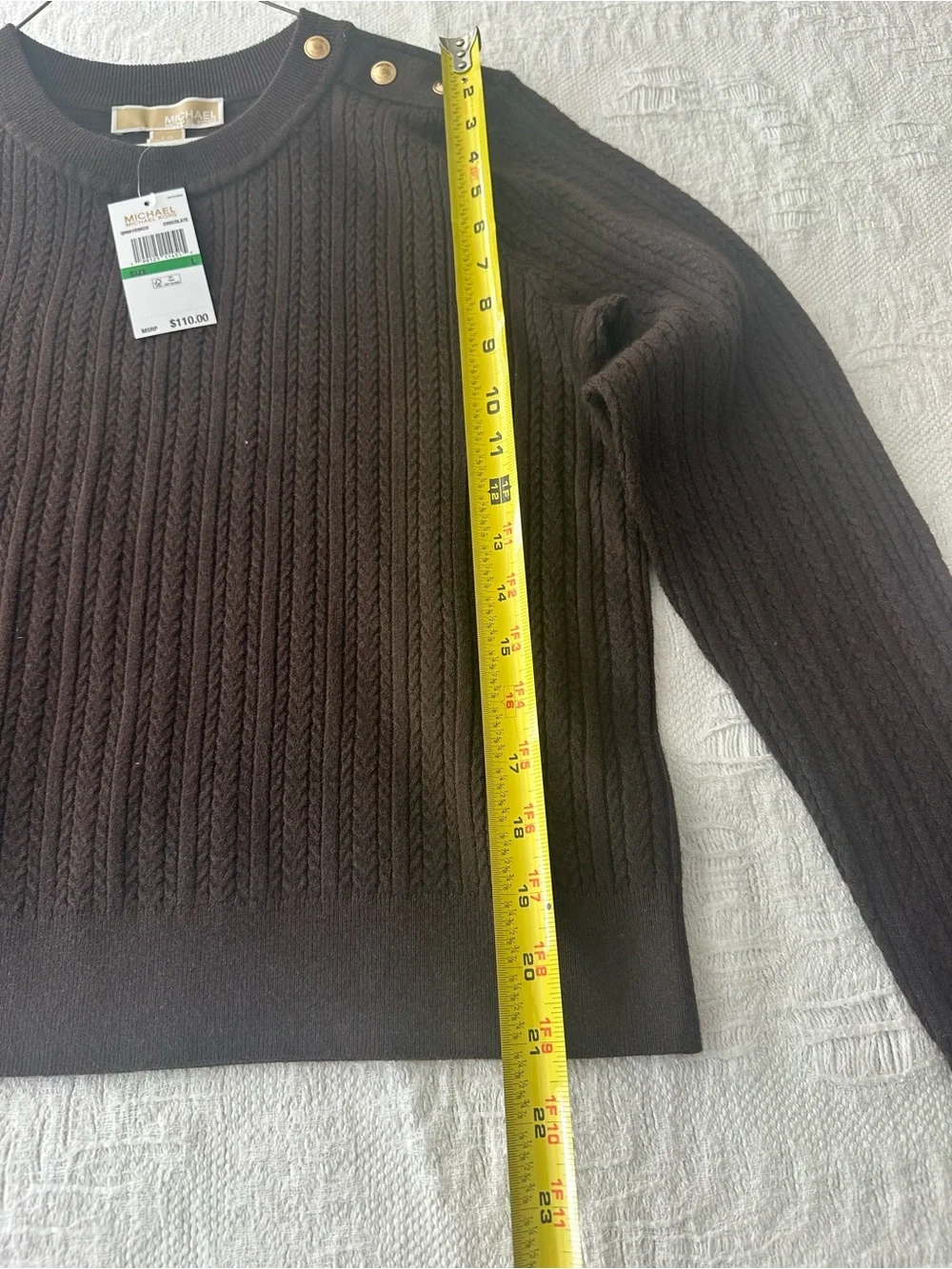 MICHAEL Michael Kors Chocolate Brown Cable Knit Sweater with Gold Buttons - Picture 3 of 6